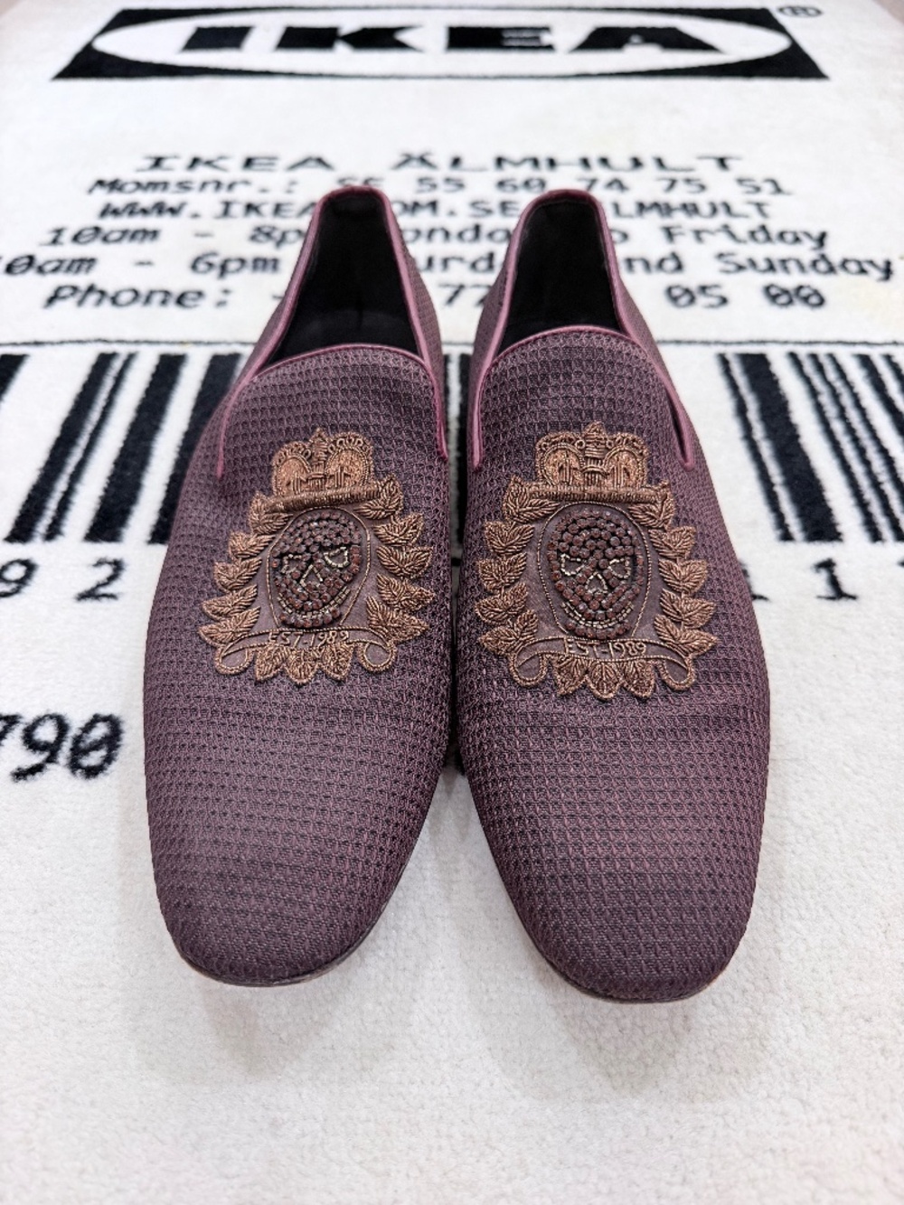 Donald Pliner Mesh Crest Embroidered Applique Loafers Rhinestone Skull Logo